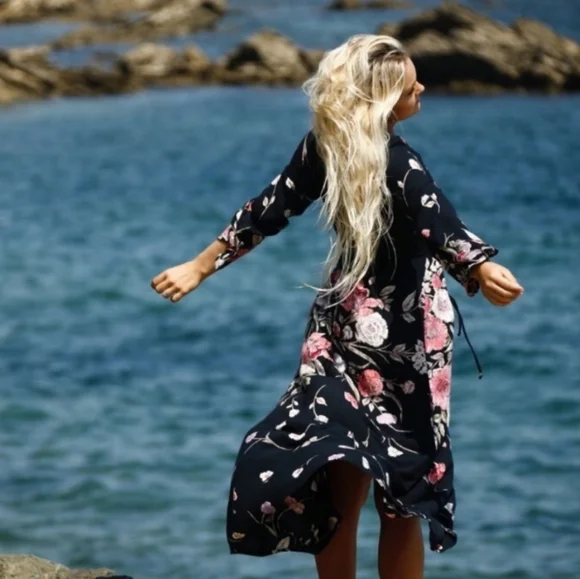 Billabong Desi Kimono Maxi Dress V Neck Button Front Floral Print Black Med NWT - Picture 9 of 16